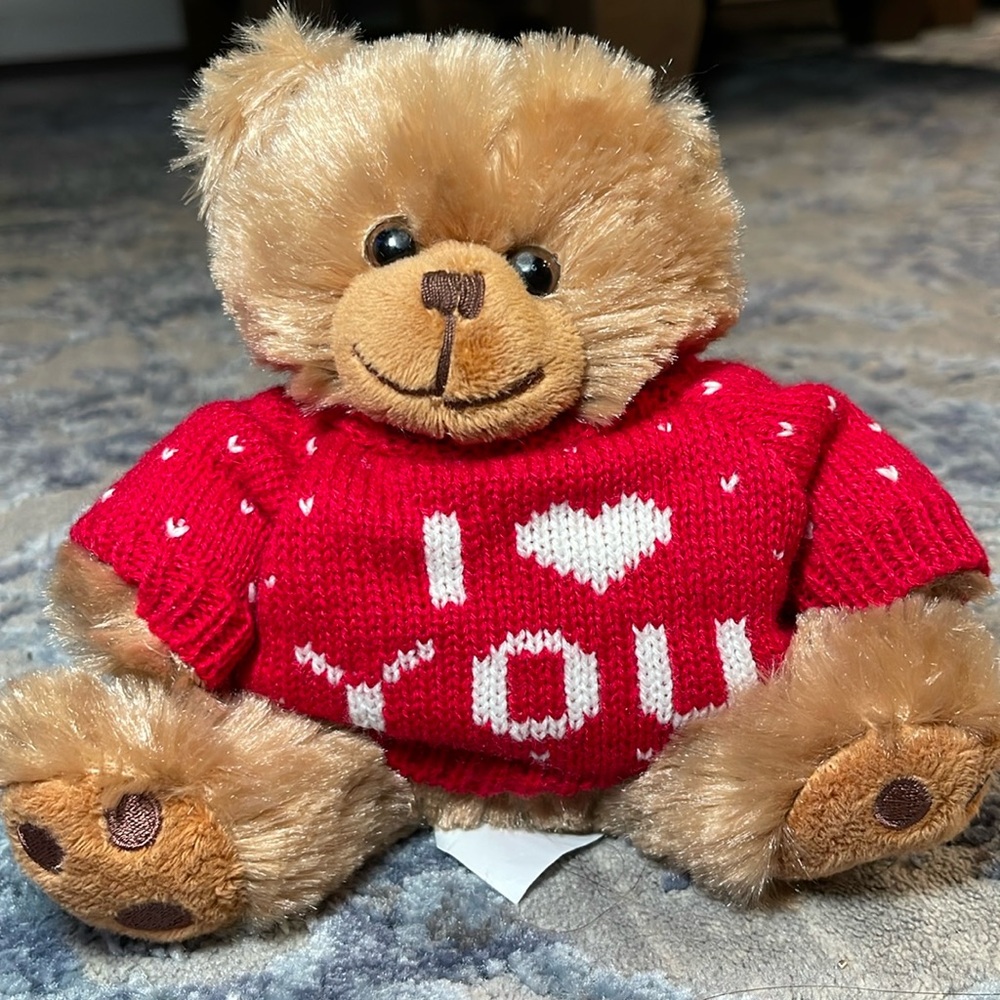 Mini one eye blind bear with a red “I love you” sweater.